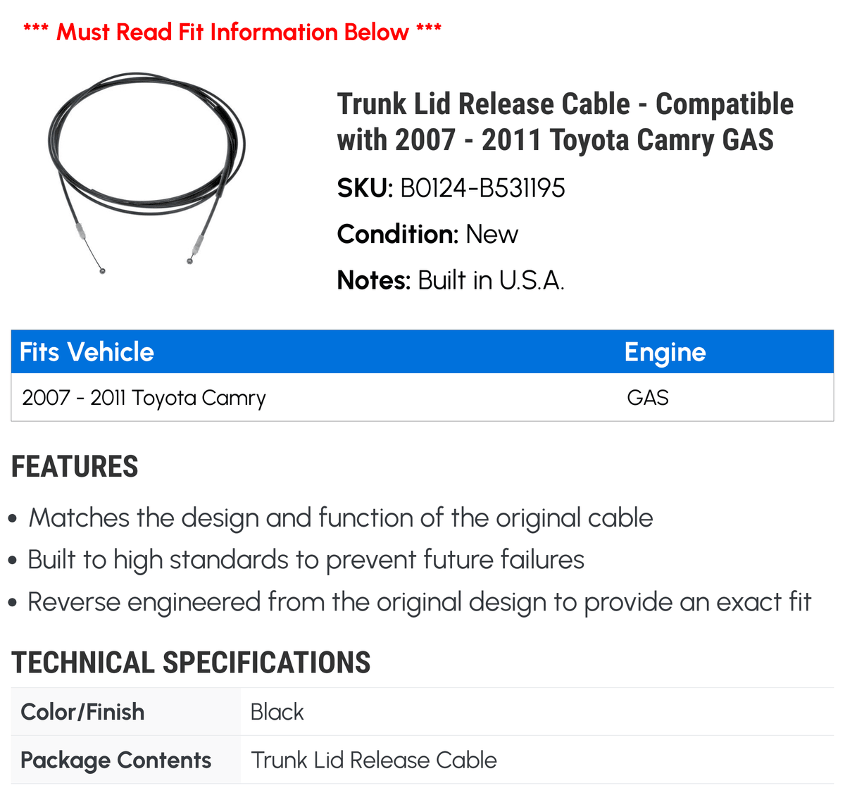 Trunk 2007 Toyota Cable Release 2011 GAS - Lid 2008 with Compatible 2010 2009 - Camry