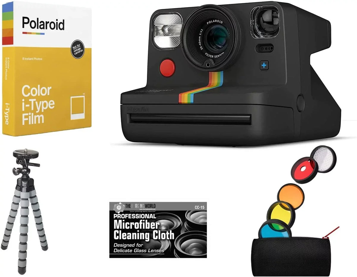 Instant Black I-Type + Camera Pack + Film Connected Polaroid Now Bundle of Cloth Plus Microfiber Tripod + Table Bluetooth of Film