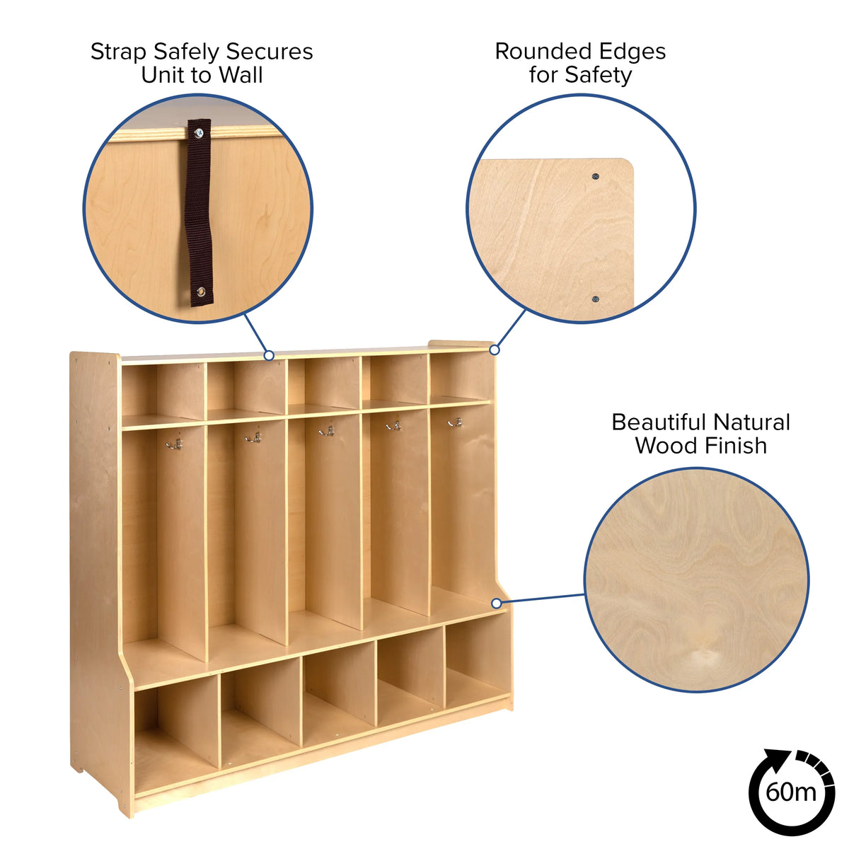 Cubbies, 5 48"L - Locker 48"H Kid School Coat Bench, Section (Natural) Hook-Safe, with BizChair Storage Friendly Wooden Organizer Design x and