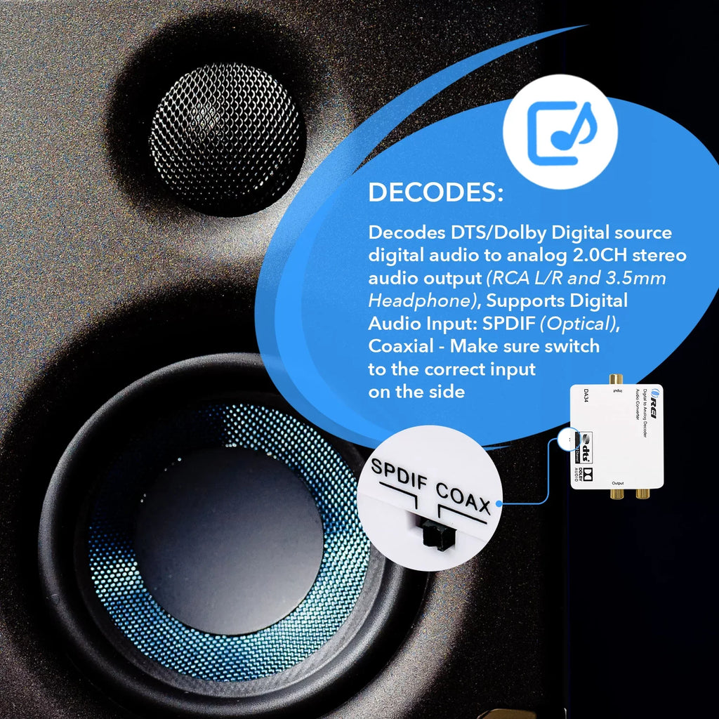 Input to Analog 5.1-Channel DA34 RCA Headphone Output Decoder Orei to L/R/3.5mm Digital SPDIF/Coaxial Audio