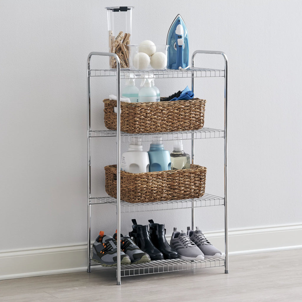 Satin Wire Unit, Multipurpose Rubbermaid 4-Tier Shelving Nickel. Freestanding