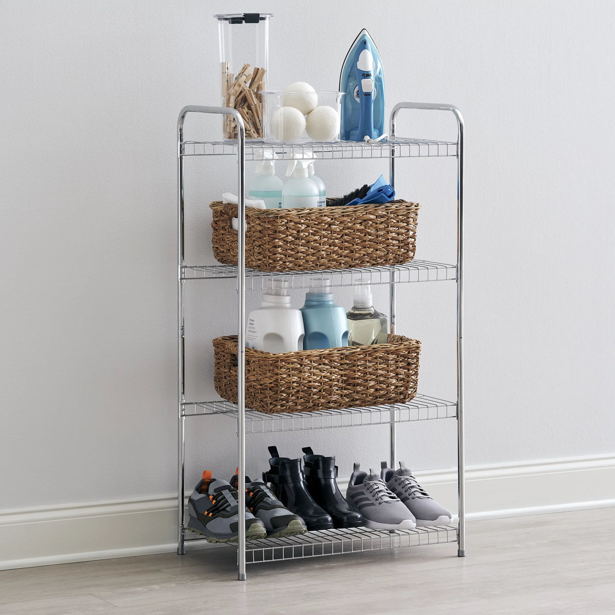 Satin Wire Unit, Multipurpose Rubbermaid 4-Tier Shelving Nickel. Freestanding