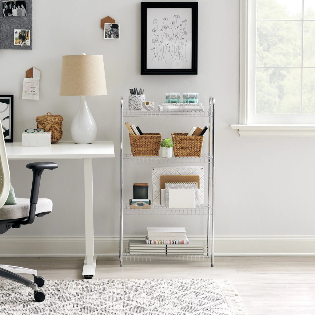 Satin Wire Unit, Multipurpose Rubbermaid 4-Tier Shelving Nickel. Freestanding