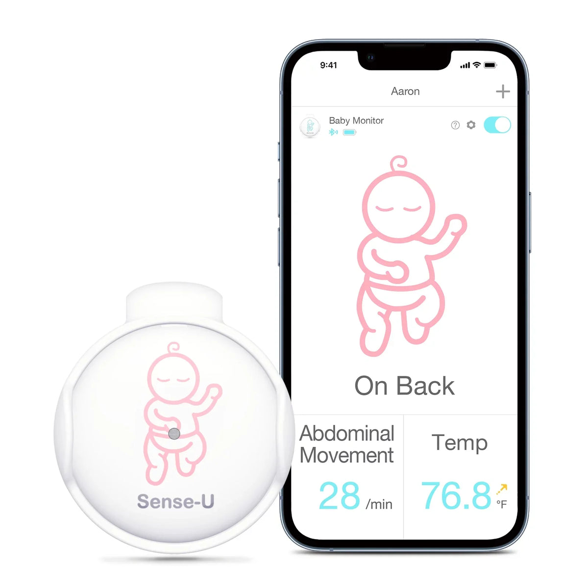 Temperature, Sleeping Pink Audio Abdominal Baby on Position Sense-U Baby's Abdominal and Smartphones, Alerts Monitor - with for Rollover Safety Baby Smart Movement, Tracks Movement Instant