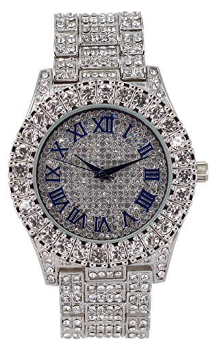 Fully Numerals Big Cuban Cuban - Out w/Blinged RN Blue Raymond Colorful (Silver Shiny ST10327 #) with Wristwatch Charles R Mens Iced Silver Rocks Bracelet Out Dial Roman Silver Royal