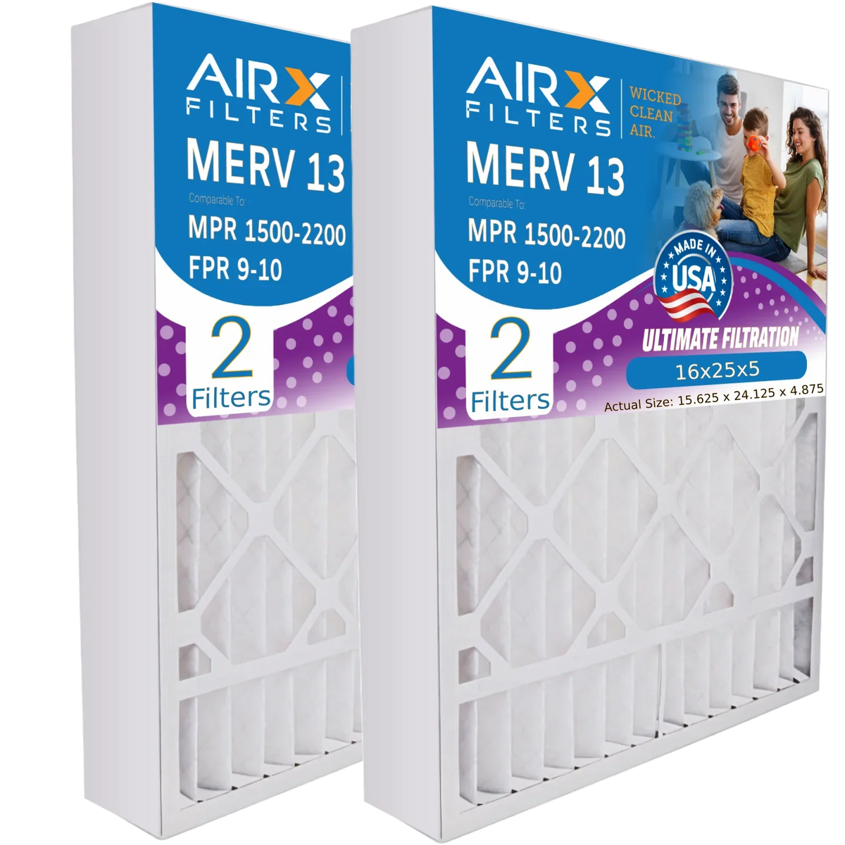 16x25x5 MPR by - WICKED Premium AIR. 13 Skuttle Filter AIRX CLEAN 16x25x5 DB-25-16 & FILTERS #000-0448-001 Made Furnace with Filter Air Comparable Pack 2200 FPR 9 MERV 1500 to 2 USA Compatible