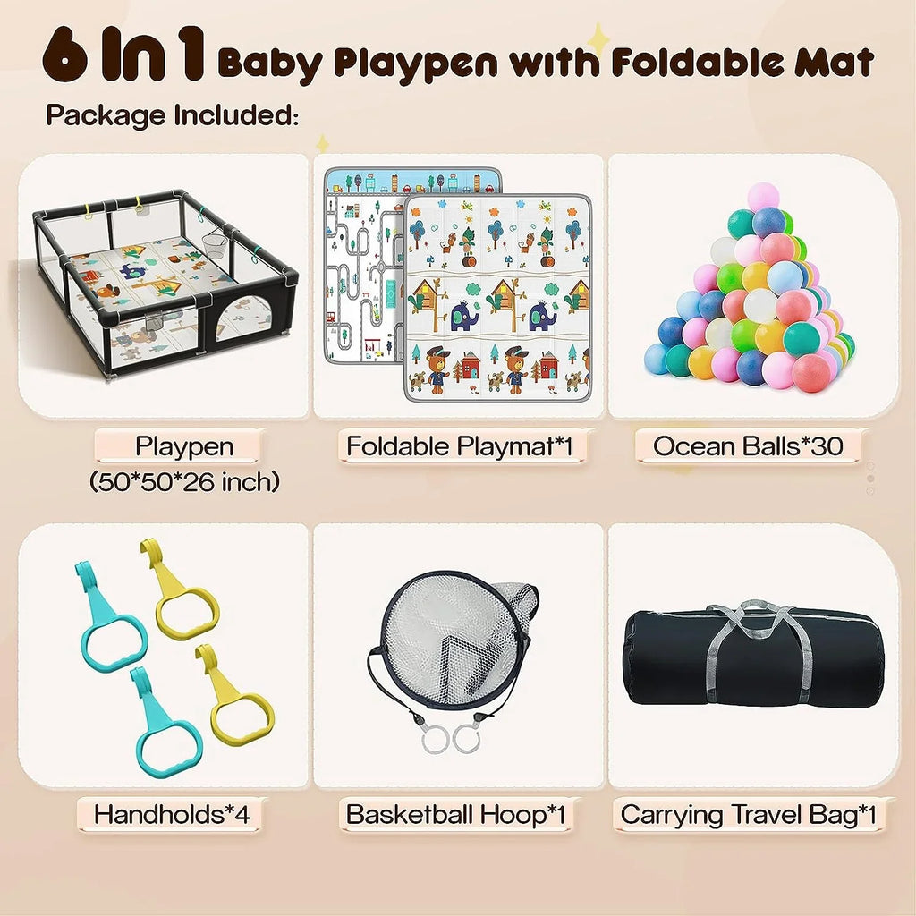 Sturdy Toddlers, Playpen 320D Cotton & Large Babies, Padded Mat, Rod for Safe with 6in1 Baby Zipper Upgraded Protecting Play Yard Gate Playpen Playpen for Padding Washable Baby with with Top