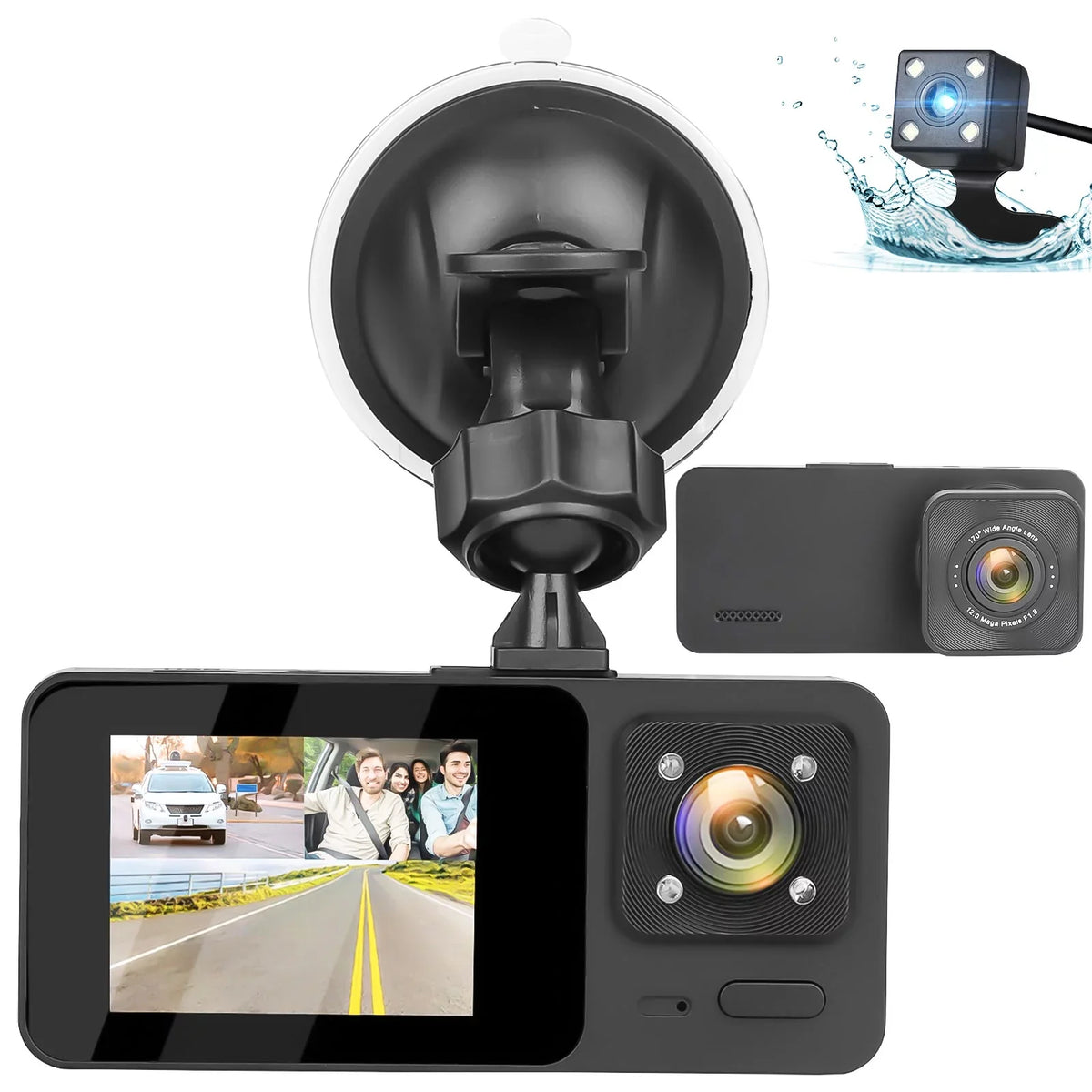 HD Cam, Channel with Dash Dash - Recording Monitor, Night Vision, Backup Black 1080P 3 Camera TSV Loop Parking G-Sensor,