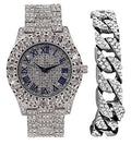 Fully Numerals Big Cuban Cuban - Out w/Blinged RN Blue Raymond Colorful (Silver Shiny ST10327 #) with Wristwatch Charles R Mens Iced Silver Rocks Bracelet Out Dial Roman Silver Royal