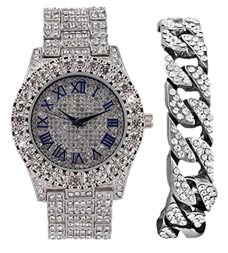 Fully Numerals Big Cuban Cuban - Out w/Blinged RN Blue Raymond Colorful (Silver Shiny ST10327 #) with Wristwatch Charles R Mens Iced Silver Rocks Bracelet Out Dial Roman Silver Royal