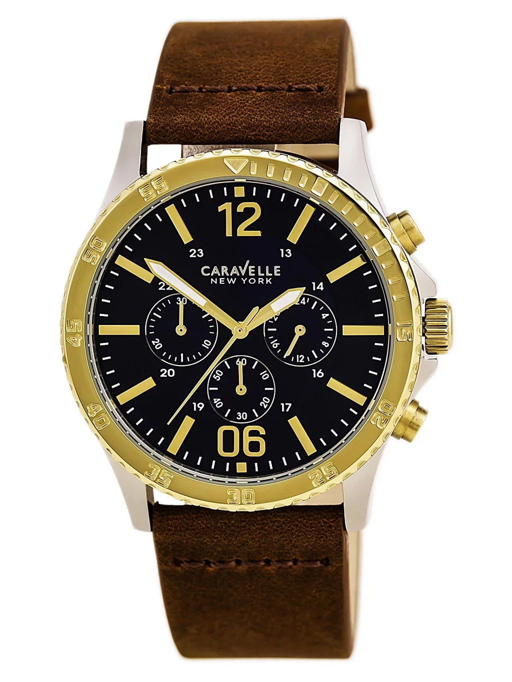 45A135 Men's Leather Chronograph Blue Strap Watch Dial Brown Sport Caravelle