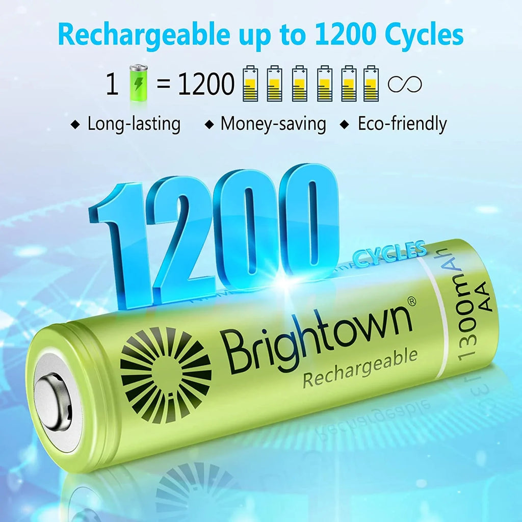 Brightown Battery AA, 1200 Charged up Household Rechargeable Battery Devices, Solar Cycles A and Recharge 12 Pack Pre to for NiMH Lights Double