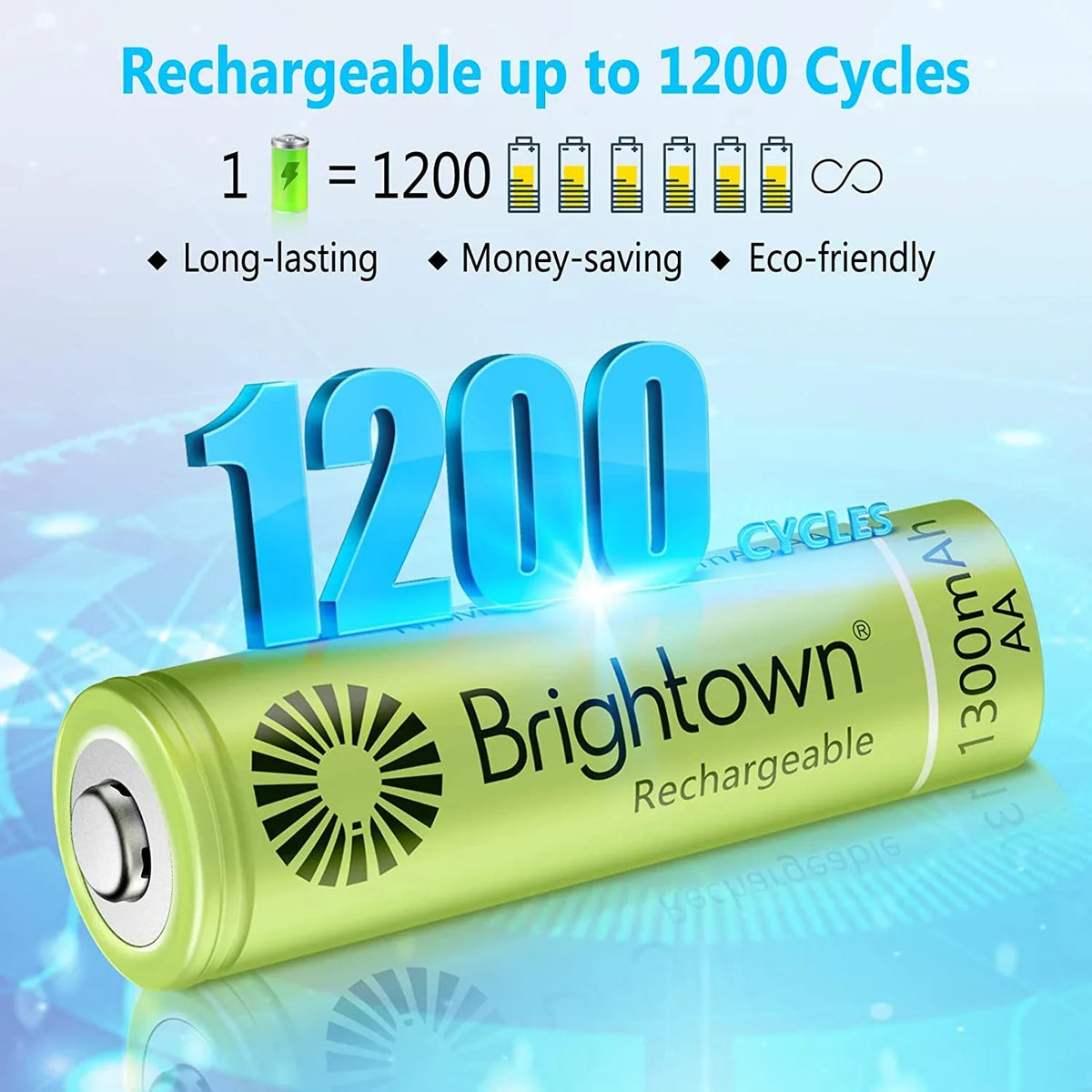 Brightown Battery AA, 1200 Charged up Household Rechargeable Battery Devices, Solar Cycles A and Recharge 12 Pack Pre to for NiMH Lights Double