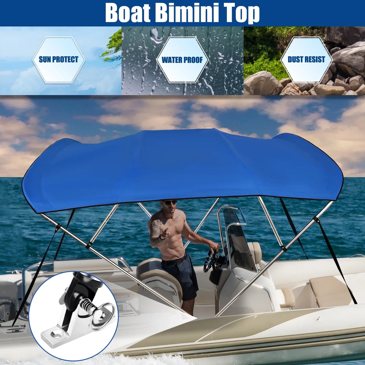 Deck Bow Top 4 Steel Bargains 600D 8"Lx54"Hx79"-84"W Unique Stainless Bimini Hinges Blue