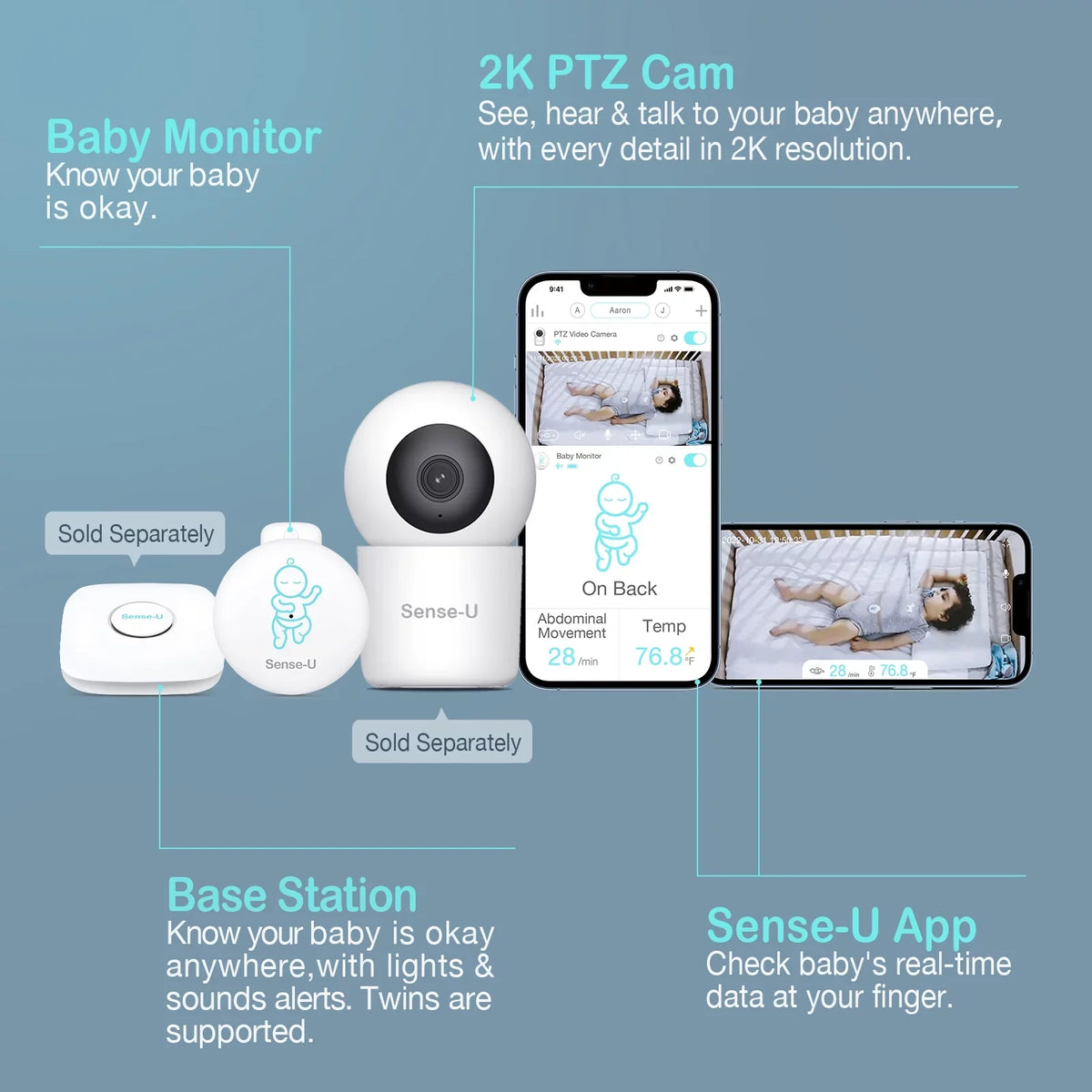Temperature, Sleeping Pink Audio Abdominal Baby on Position Sense-U Baby's Abdominal and Smartphones, Alerts Monitor - with for Rollover Safety Baby Smart Movement, Tracks Movement Instant
