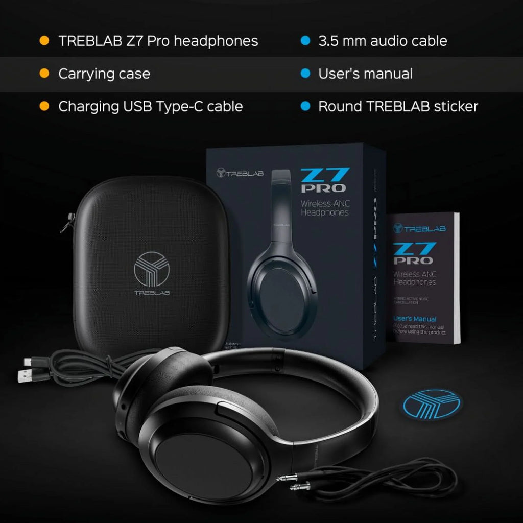 w/aptX, 45H USB-C TREBLAB Headphones with Control Touch Charging, Active Stereo Over Z7 Fast Bluetooth - Wireless Mic Hybryd Playtime & Noise - ANC Headphones (Grey) Canceling PRO Sound, Ear