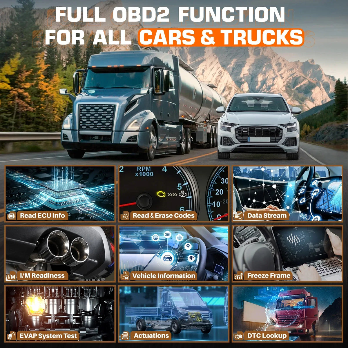 for OBD2 Scanner Duty Bi-directional Reset Truck All Heavy Code V5 Maintenance Regen Scan Scan ECU Cars Truck Tool IN DPF System ANCEL 24V Coding HD Diesel Tablet 12V Reader Truck 2 40+ Diagnostic 1