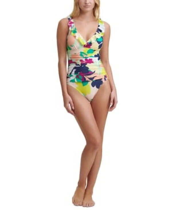 Printed MULTI Piece One NAVY 6 DKNY Swimsuit, US Ruffled