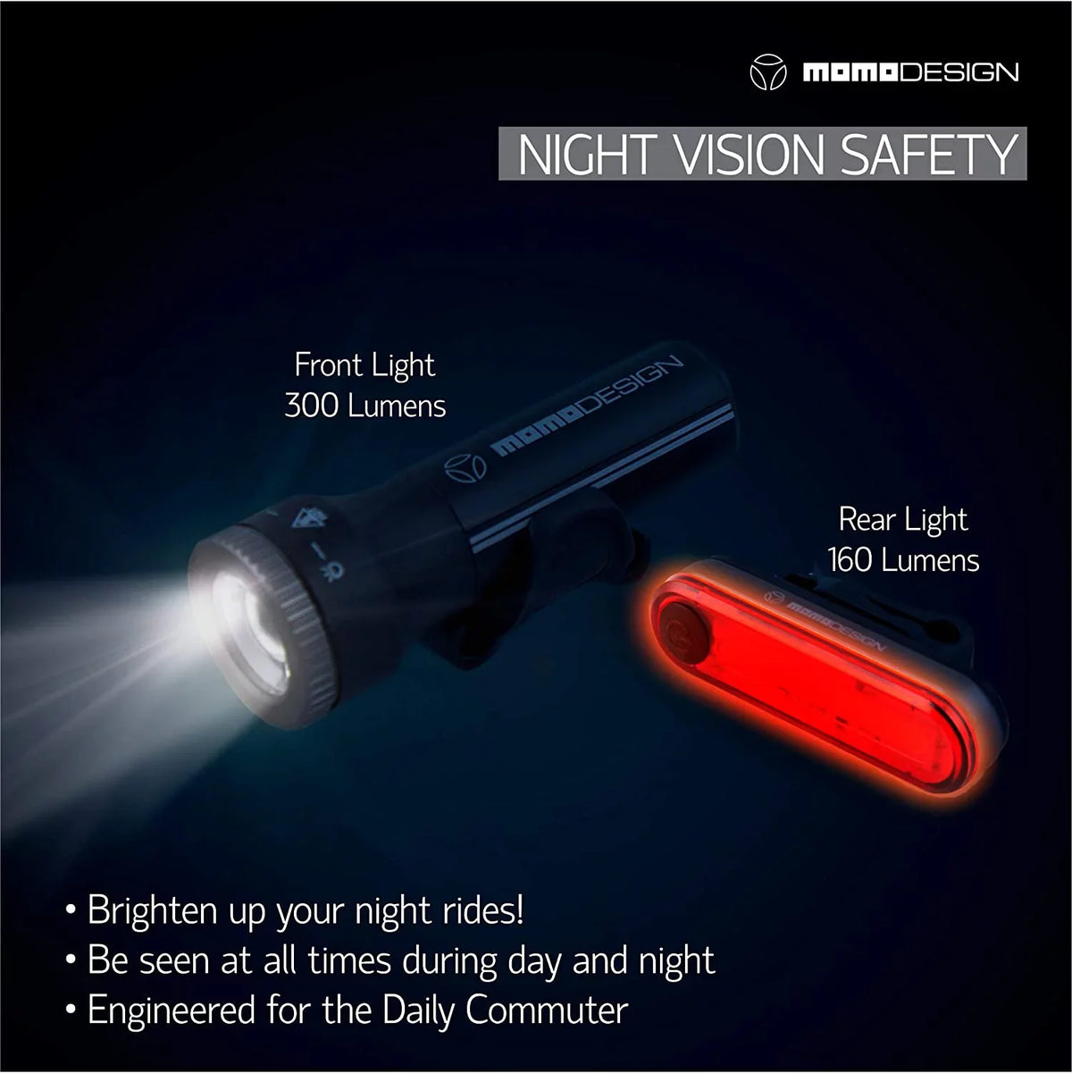 Bike Night Light for & Resistant, Rechargeable, KIT MOMODESIGN Visibility, for USB 300 COMMUTERS Designed Weather Headlight Rear Light
