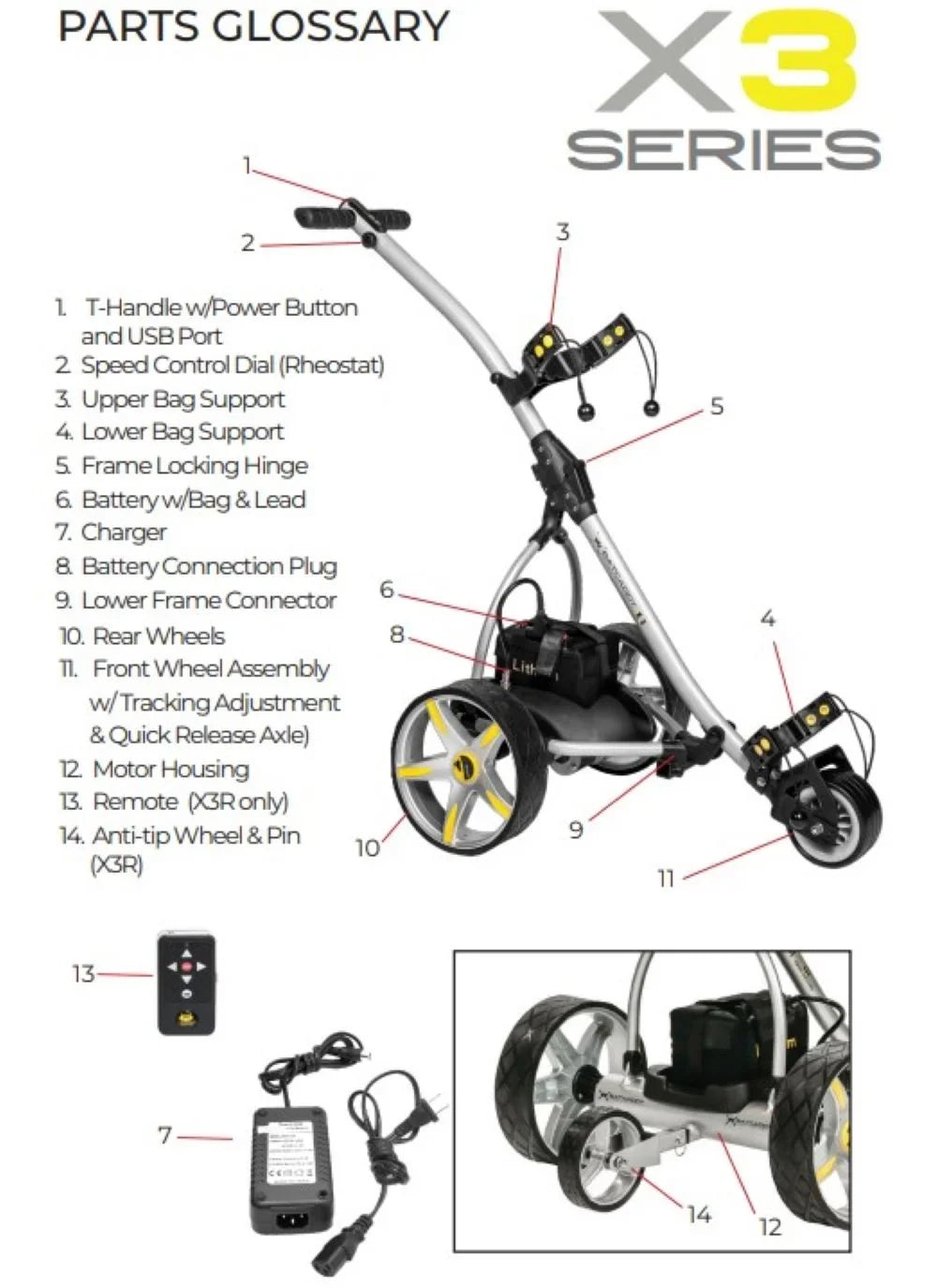 18-Hole Wheel, X3R Reverse, Dual Remote, Powered and and Anti-Tip Battery BATCADDY Downhill Titanium Sealed Cruise Golf Push Cart Motor, Lead Control, with Silver Control, 9-Speeds