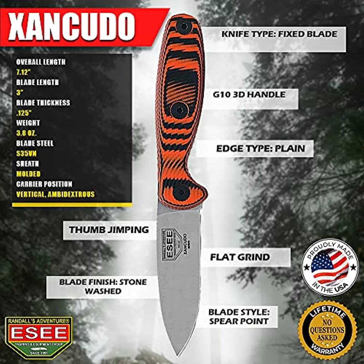Orange/Black S35VN Fixed Blade Knife Stainless Xancudo ESEE Knives G10 XAN2-006 Steel &