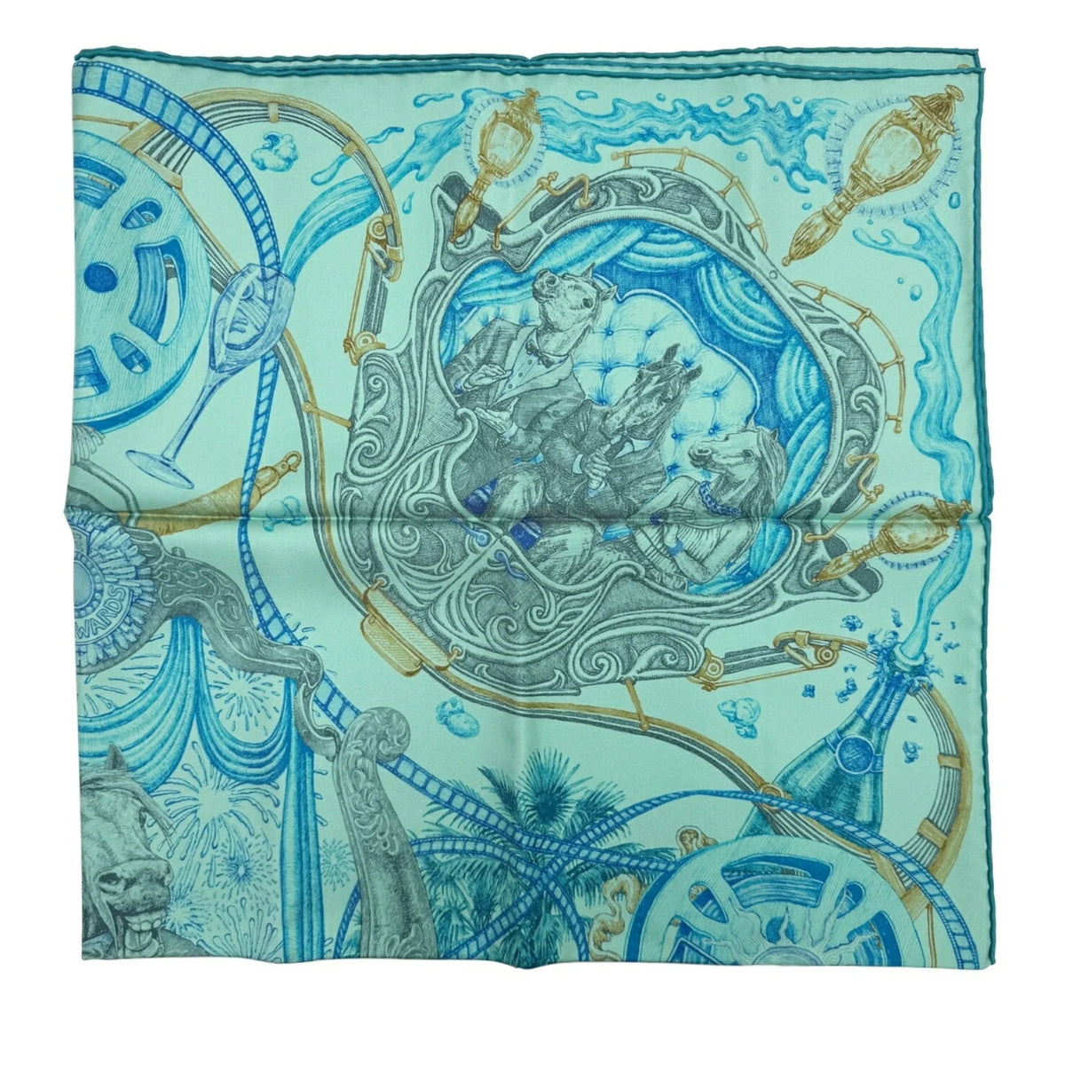 Horse Kare90 Green The HERMES Hermes New) Blue (Like Silk Pre-Owned Gray Ladies Horsewards Large Scarf Award