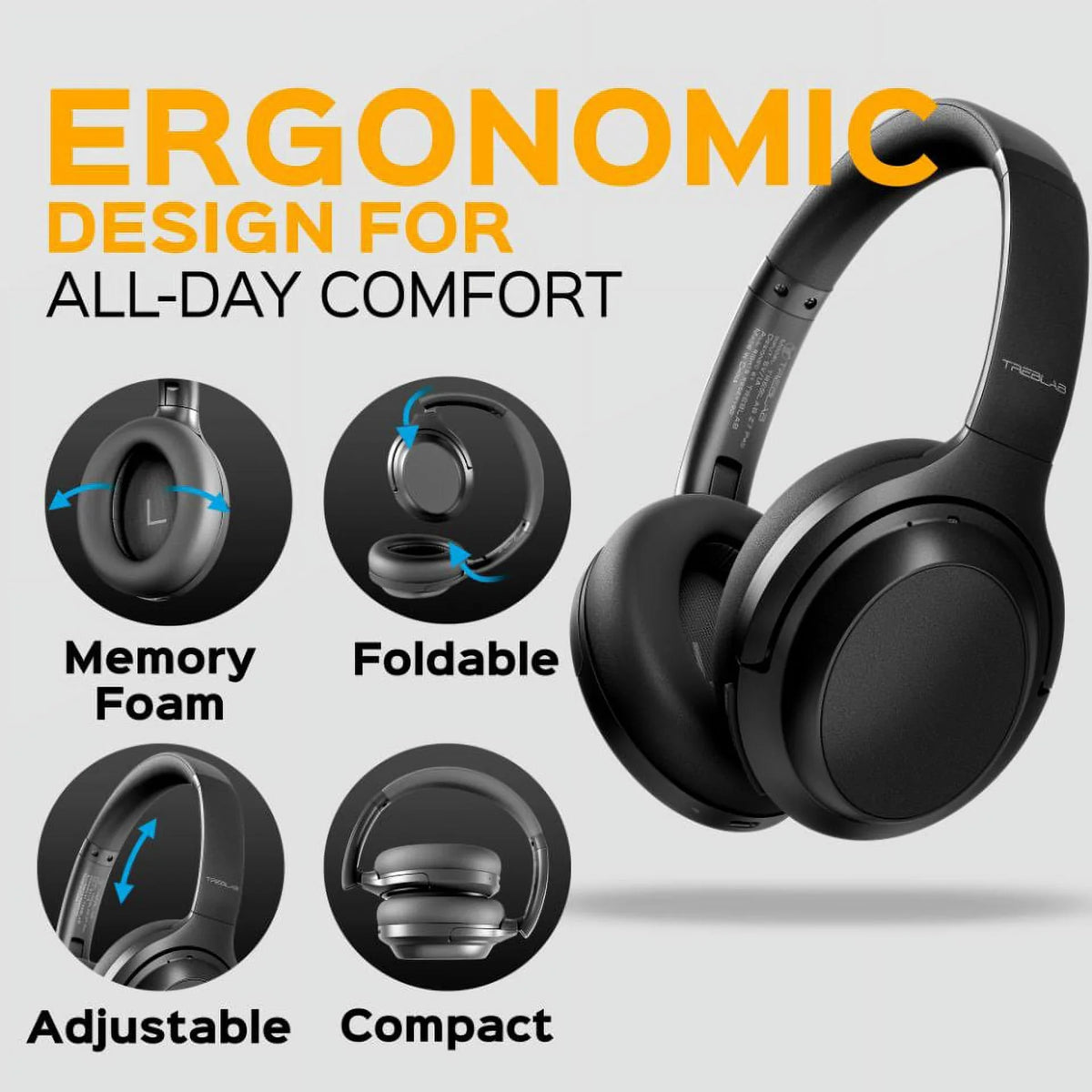 w/aptX, 45H USB-C TREBLAB Headphones with Control Touch Charging, Active Stereo Over Z7 Fast Bluetooth - Wireless Mic Hybryd Playtime & Noise - ANC Headphones (Grey) Canceling PRO Sound, Ear