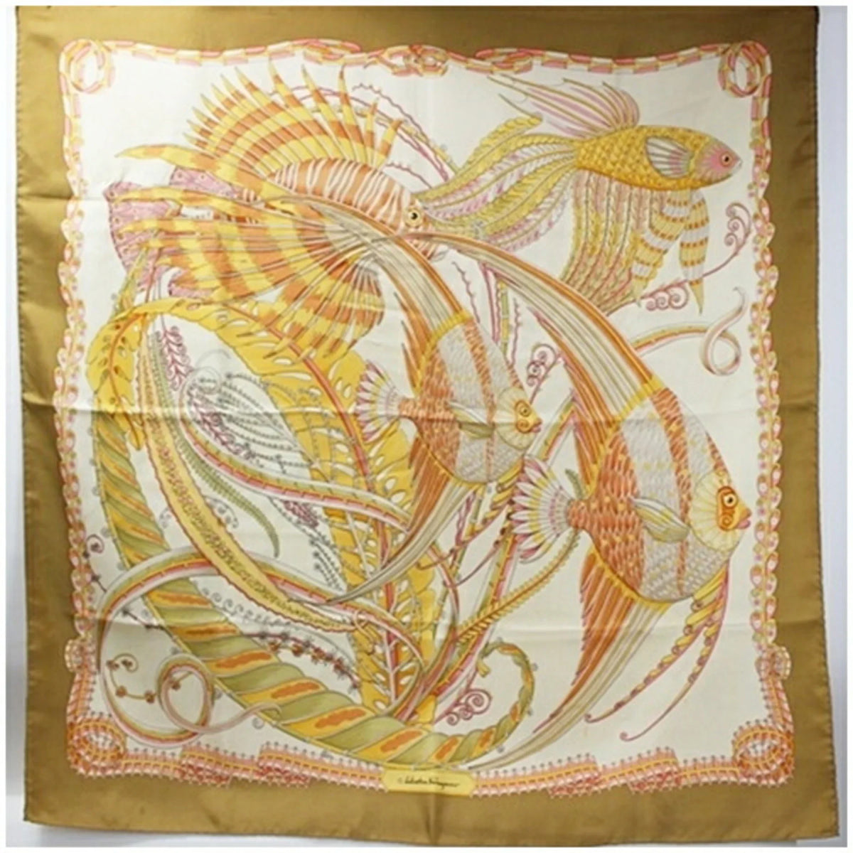 Ferragamo Salvatore Pre-Owned Scarf Muffler Pattern (Good) Beige Silk FERRAGAMO Fish Women's SALVATORE