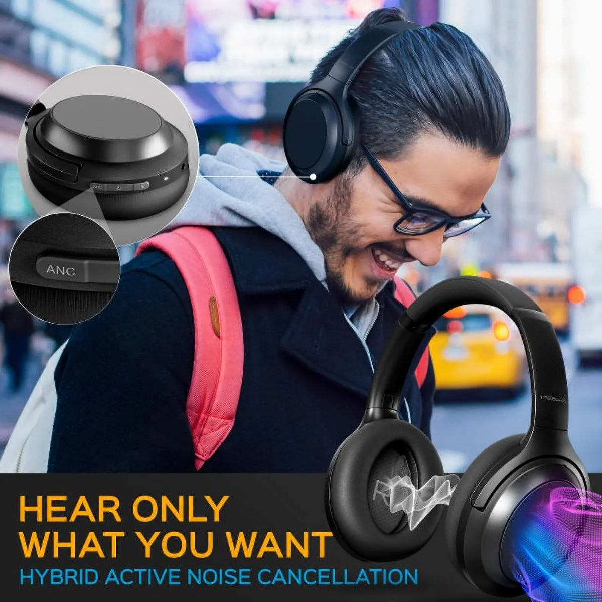 w/aptX, 45H USB-C TREBLAB Headphones with Control Touch Charging, Active Stereo Over Z7 Fast Bluetooth - Wireless Mic Hybryd Playtime & Noise - ANC Headphones (Grey) Canceling PRO Sound, Ear