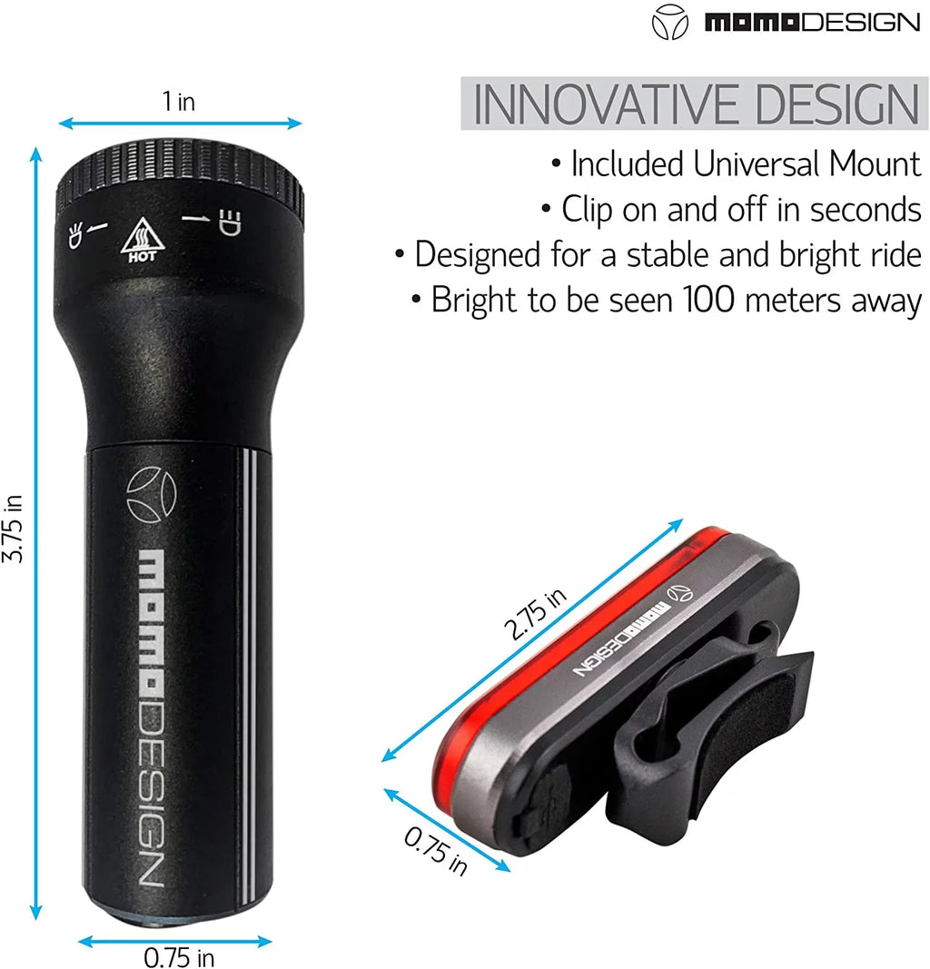 Bike Night Light for & Resistant, Rechargeable, KIT MOMODESIGN Visibility, for USB 300 COMMUTERS Designed Weather Headlight Rear Light