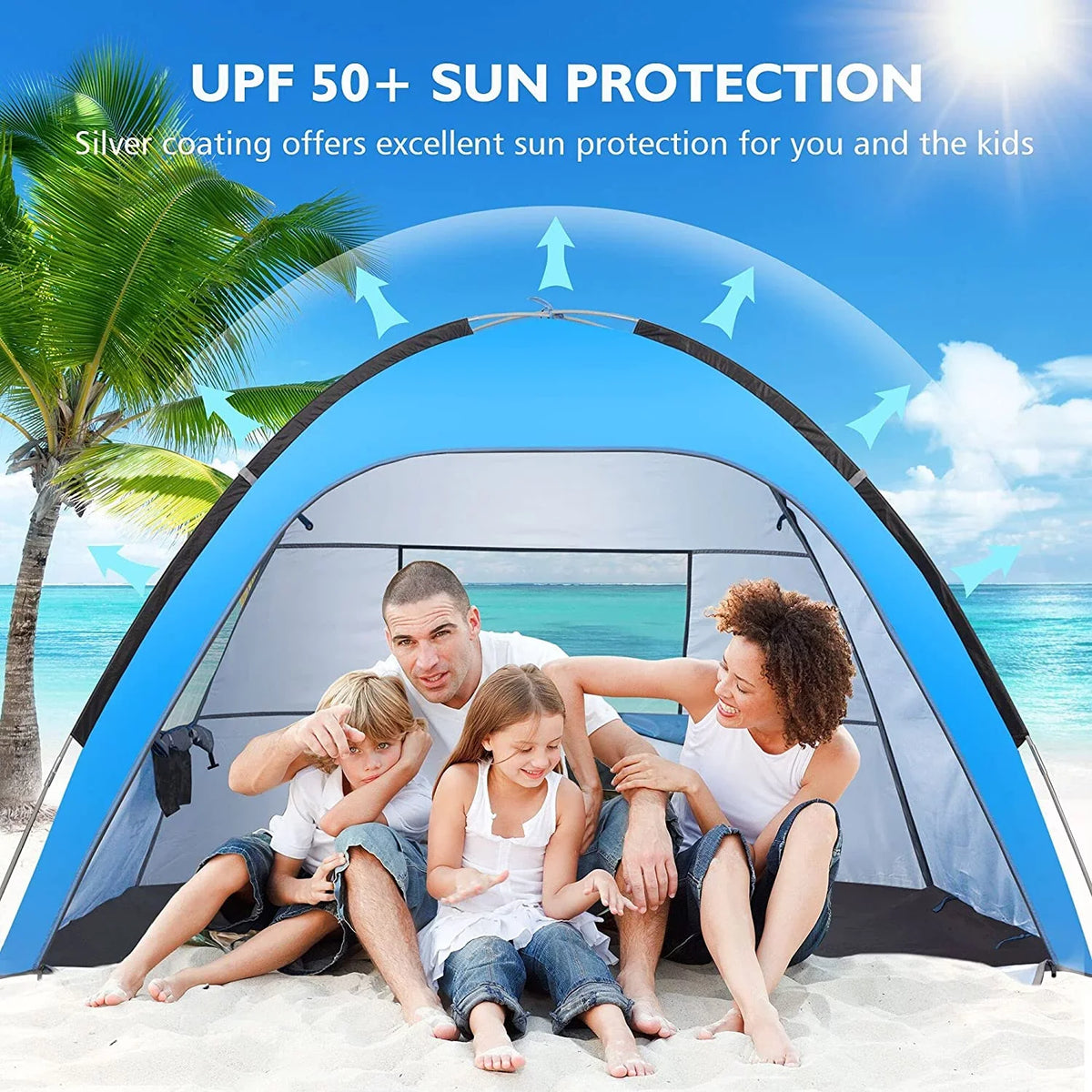 Blue Tent, Tent UPF 3-4 Beach for AKASO Person, 4.7' Beach 7.4' Assemble 50+ x