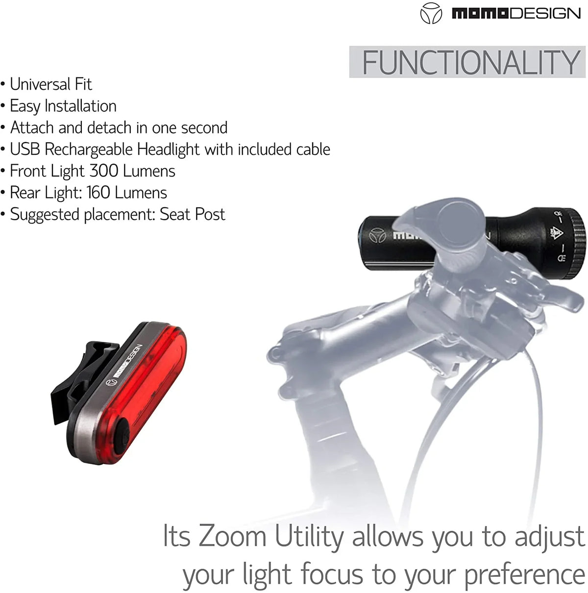 Bike Night Light for & Resistant, Rechargeable, KIT MOMODESIGN Visibility, for USB 300 COMMUTERS Designed Weather Headlight Rear Light