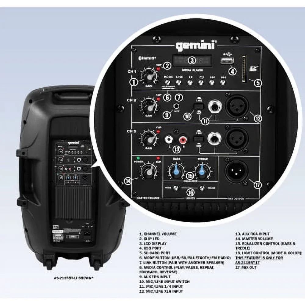 System Bluetooth AS-2115BT Sound Active PA Pro Speakers Gemini Inch DJ 2000 Watts Audio 15"