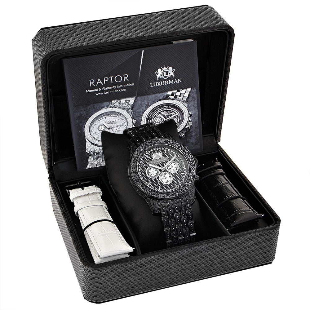 Extra Leather Steel plus Accent Diamond Stainless Quartz Strap Men's Metal Watch Black Band
