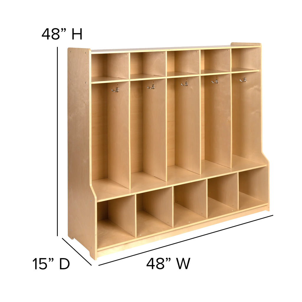 Cubbies, 5 48"L - Locker 48"H Kid School Coat Bench, Section (Natural) Hook-Safe, with BizChair Storage Friendly Wooden Organizer Design x and