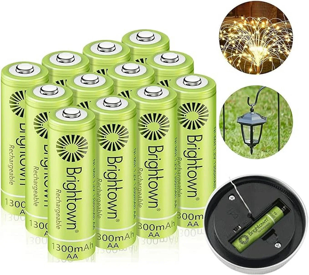 Brightown Battery AA, 1200 Charged up Household Rechargeable Battery Devices, Solar Cycles A and Recharge 12 Pack Pre to for NiMH Lights Double