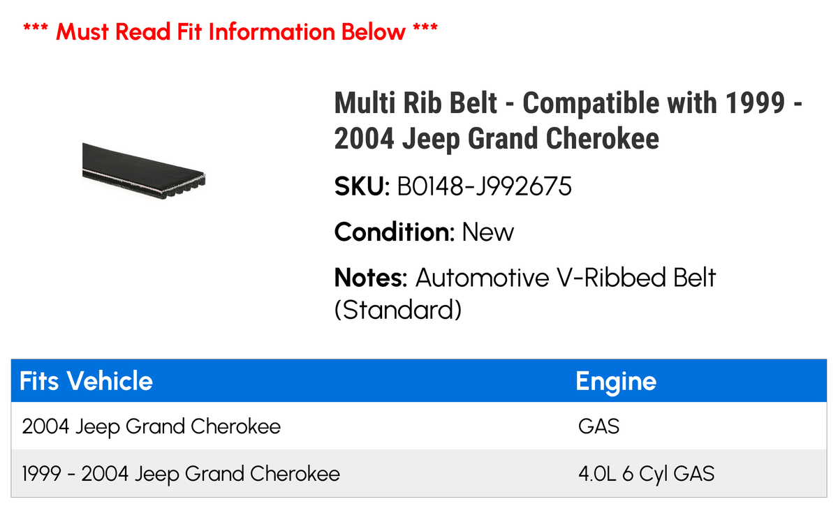 Compatible - with Rib Cherokee 2003 Jeep Multi Grand 2000 - 2004 2001 Belt 1999 2002