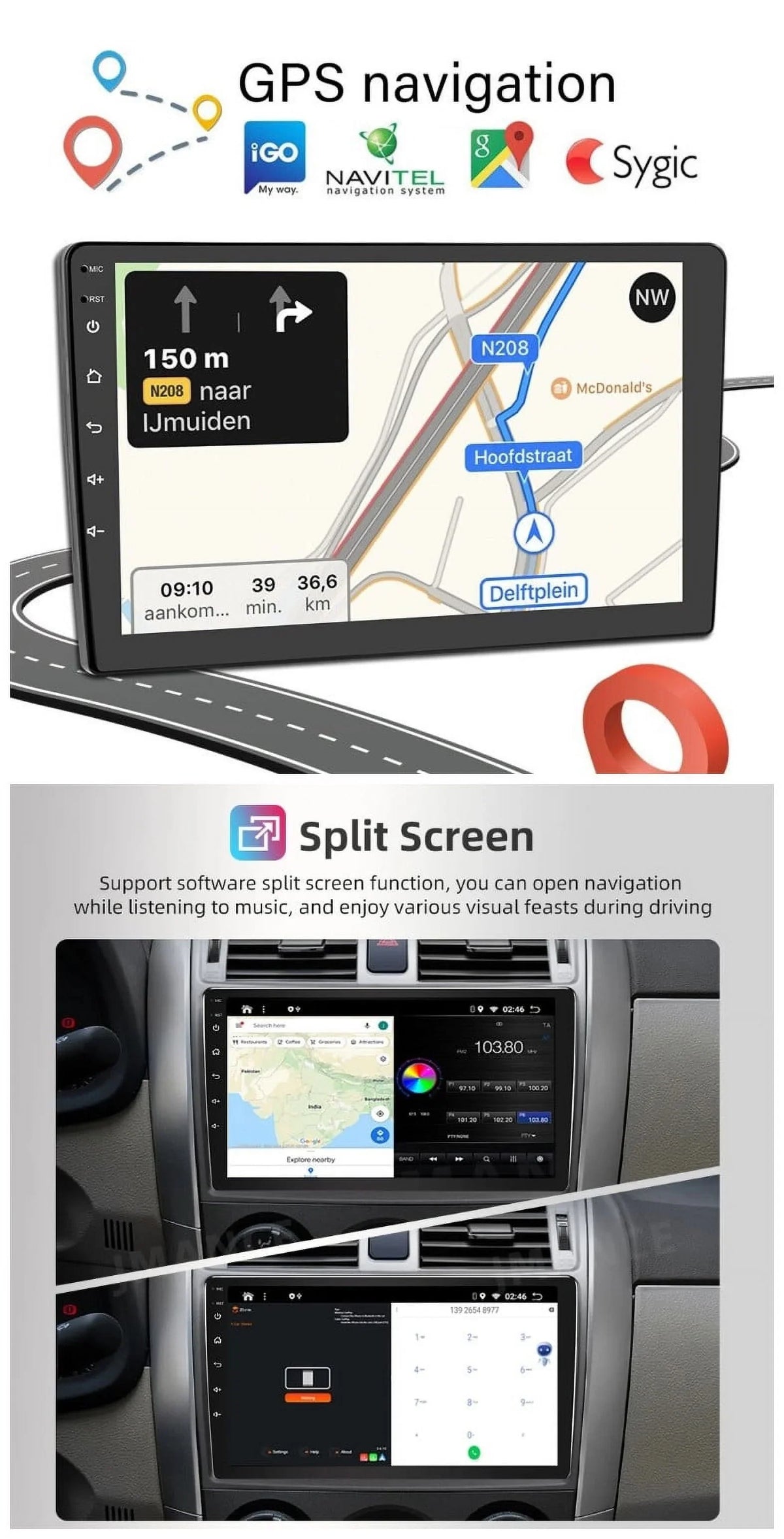 IPS Bluetooth 10.1" Wireless Android Camera Radio Auto USB Receiver WiFi Carplay GPS Double Car AHD Stereo Screen 1280*720 2+32GB Android FM/RDS Din Backup Navigation