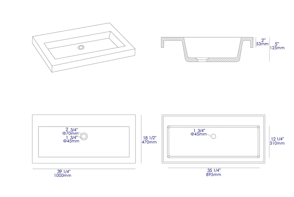 Solid ALFI ABCO40TR Trough Matte for Bathroom brand Sink 40" Concrete the Gray