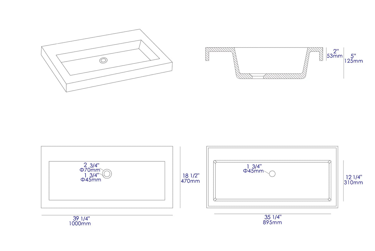 Solid ALFI ABCO40TR Trough Matte for Bathroom brand Sink 40" Concrete the Gray