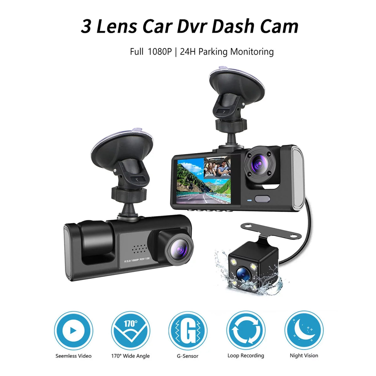 Cam,1080P+720P+480p, Versatile Safety,3-in-1 Car Safety Moobody Car Car Dash Mirror Cam Rearview for Dash
