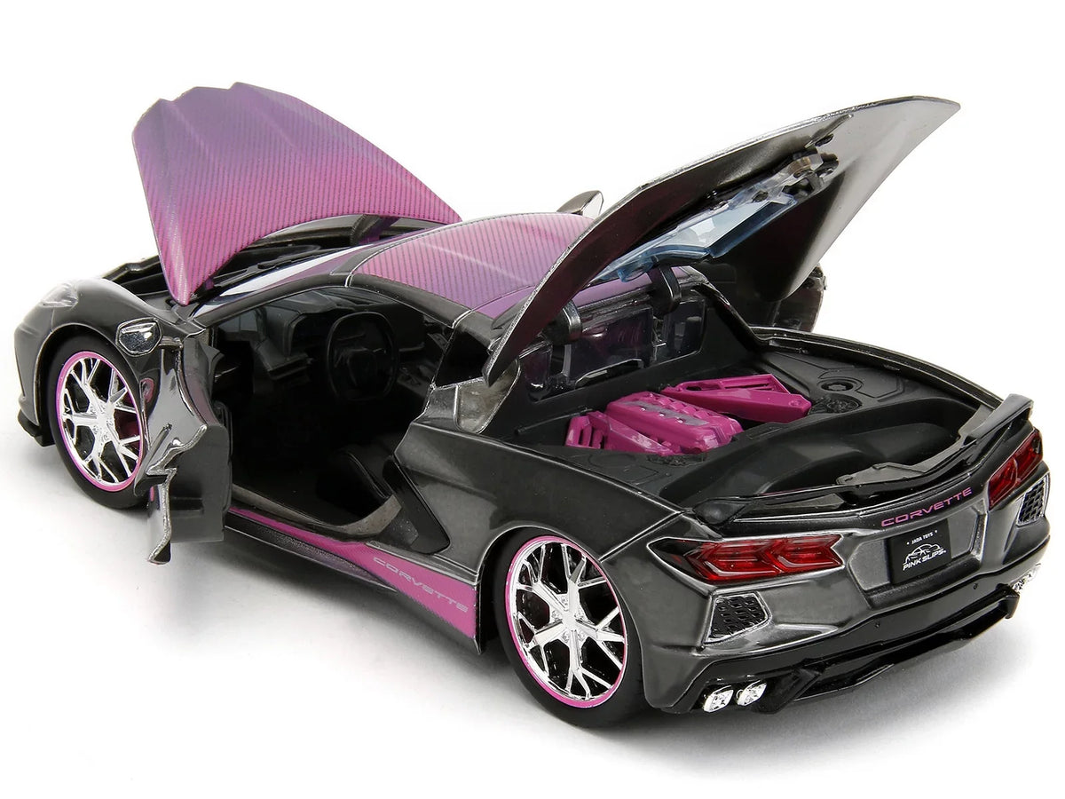 Series Diecast with Hood Top Gray Chevrolet Metallic Carbon Jada 2020 Corvette and Model Pink "Pink Car Slips" Stingray by 1/24