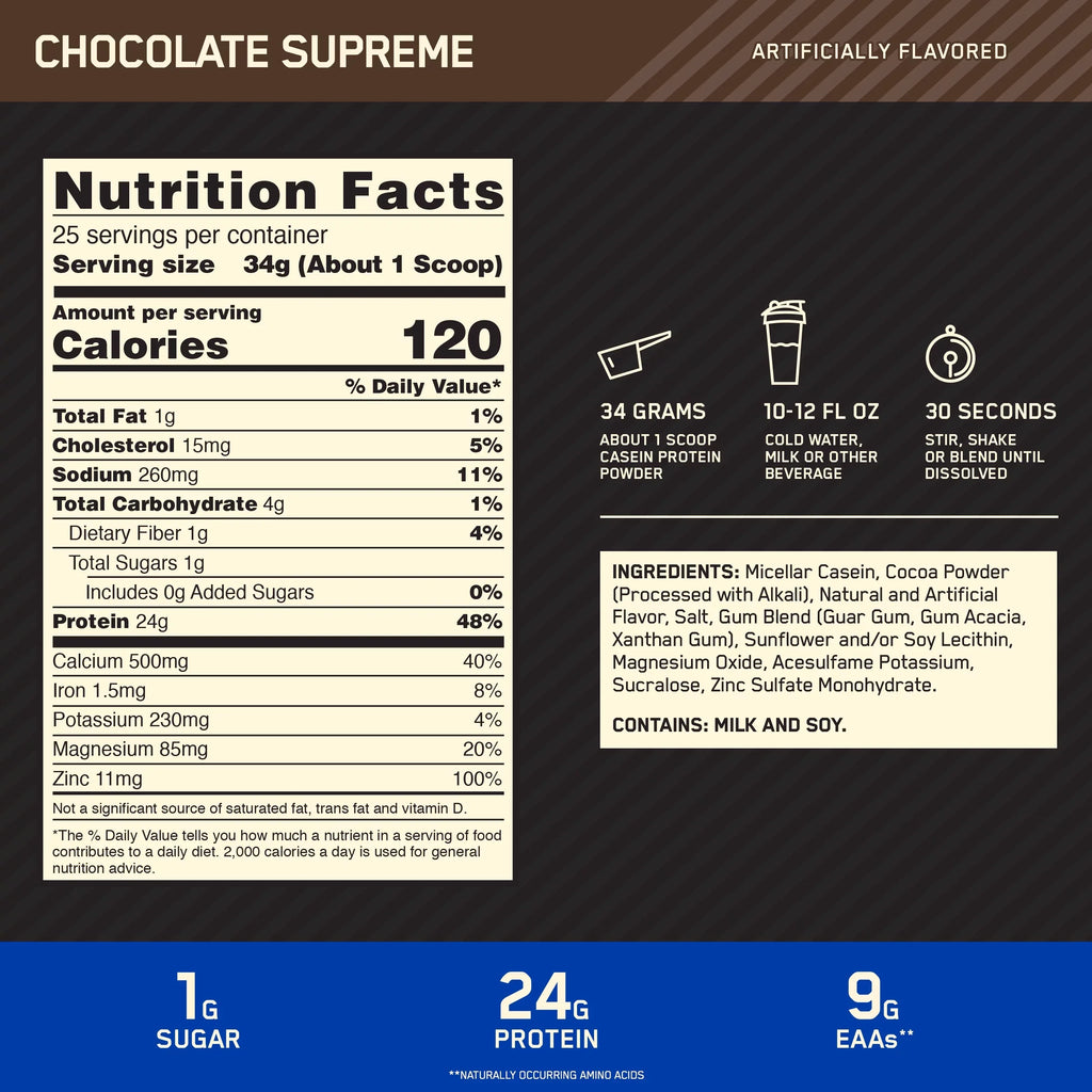 Supreme, 100% Servings lb, g Gold Nutrition, Optimum Powder, 25 Protein Chocolate 1.87 Casein, 24 Standard