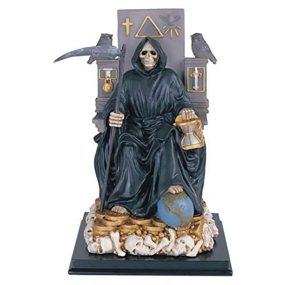Holding Throne Our Of Black Muerte Death Seated Scythe Santa Statue On Lady