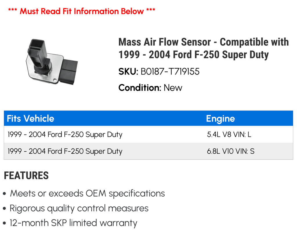 Duty 1999 - with Air 2001 2003 Sensor Compatible Mass Super F-250 - 2002 2004 Flow Ford 2000