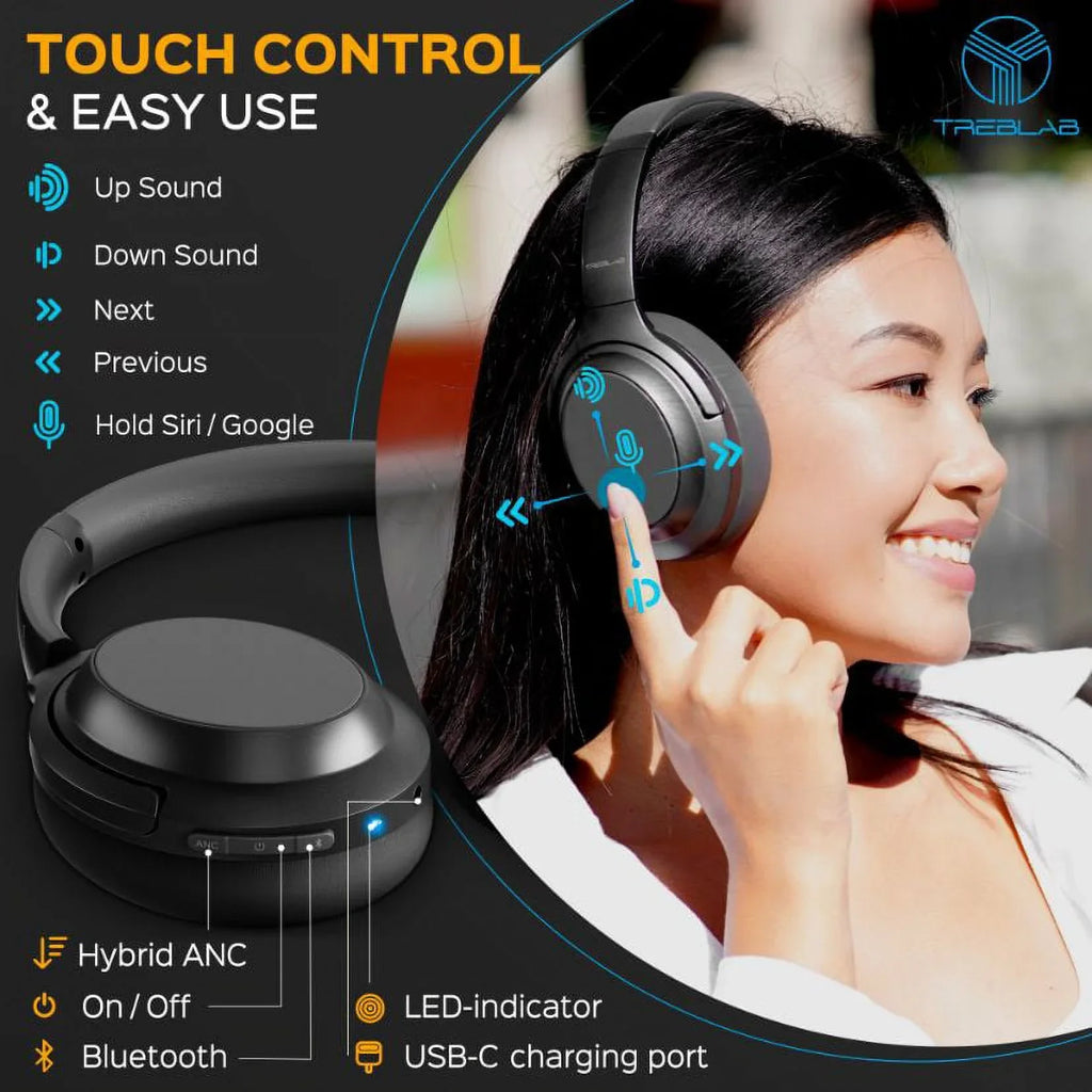 w/aptX, 45H USB-C TREBLAB Headphones with Control Touch Charging, Active Stereo Over Z7 Fast Bluetooth - Wireless Mic Hybryd Playtime & Noise - ANC Headphones (Grey) Canceling PRO Sound, Ear