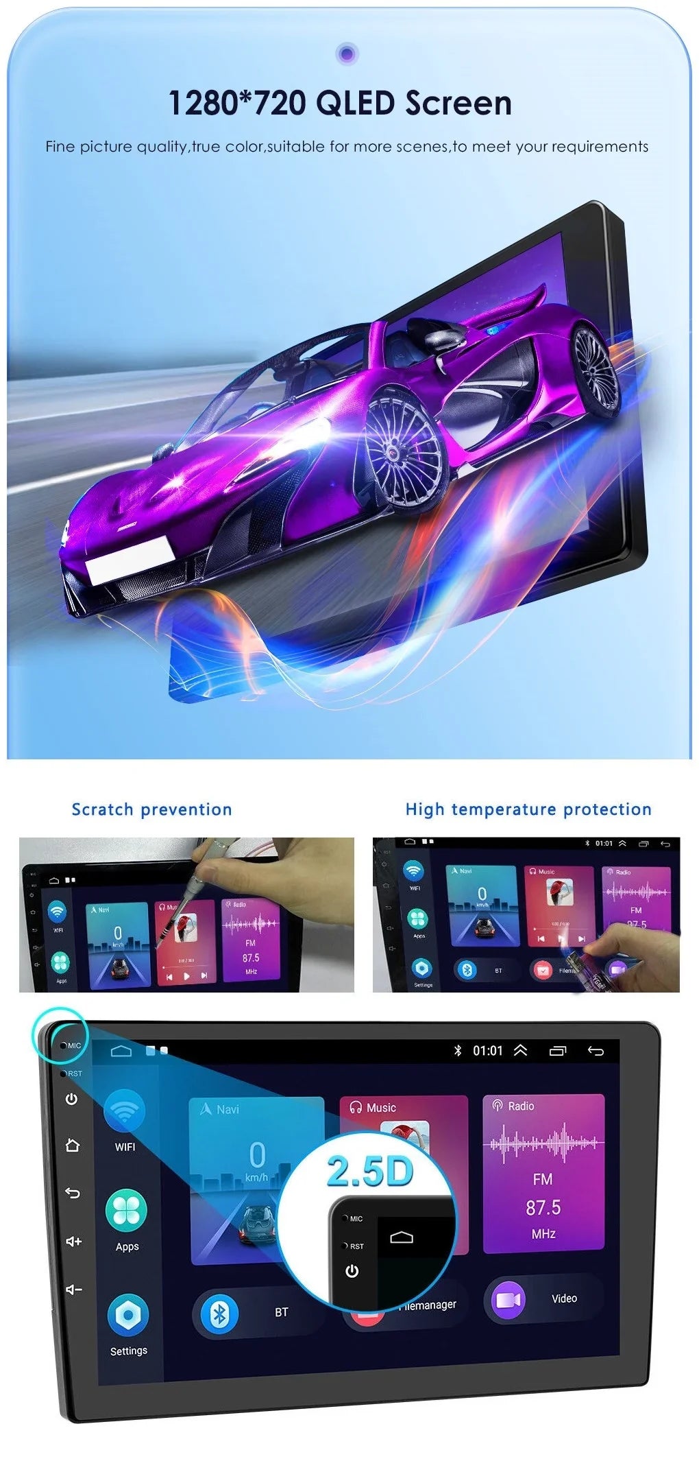 IPS Bluetooth 10.1" Wireless Android Camera Radio Auto USB Receiver WiFi Carplay GPS Double Car AHD Stereo Screen 1280*720 2+32GB Android FM/RDS Din Backup Navigation