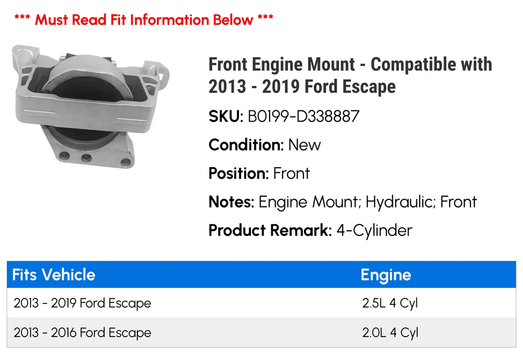 Engine - 2017 - Front 2013 Escape 2016 Ford 2018 2015 Compatible with Mount 2014 2019