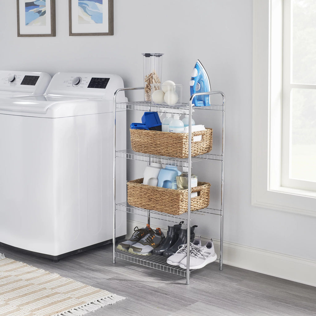 Satin Wire Unit, Multipurpose Rubbermaid 4-Tier Shelving Nickel. Freestanding