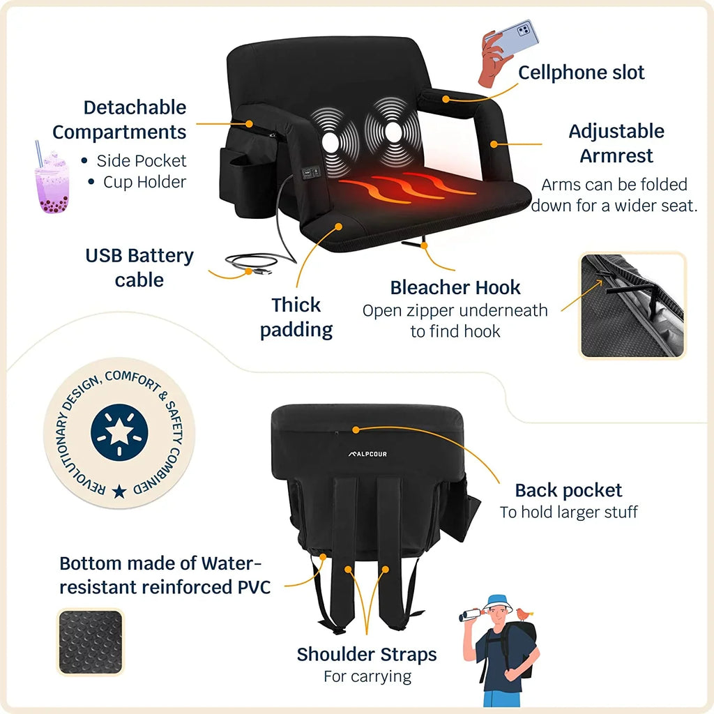 Back Reclining Chair Thick Wide Heated Black Extra Seat with - - Waterproof X-Wide Alpcour Massage Support Stadium